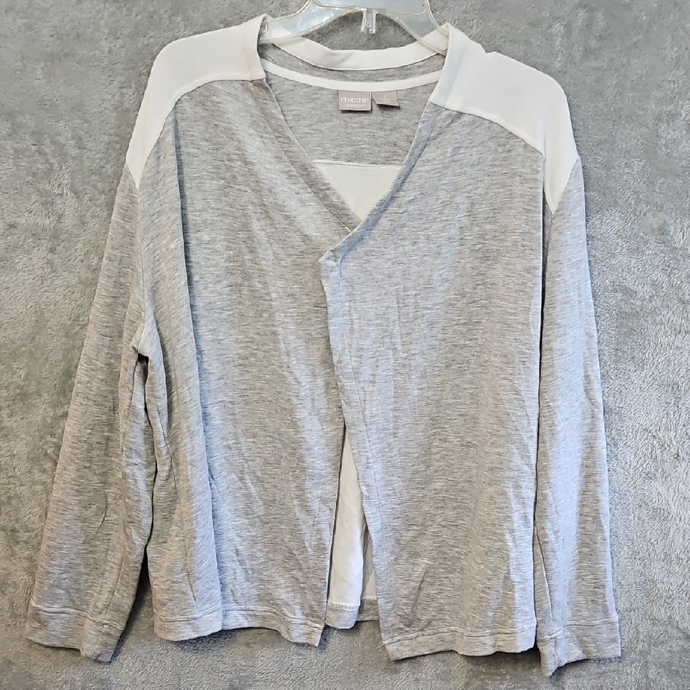 Chico's Zenergy Sz 16/18 Gray and White Cardigan Knit Open Front Soft